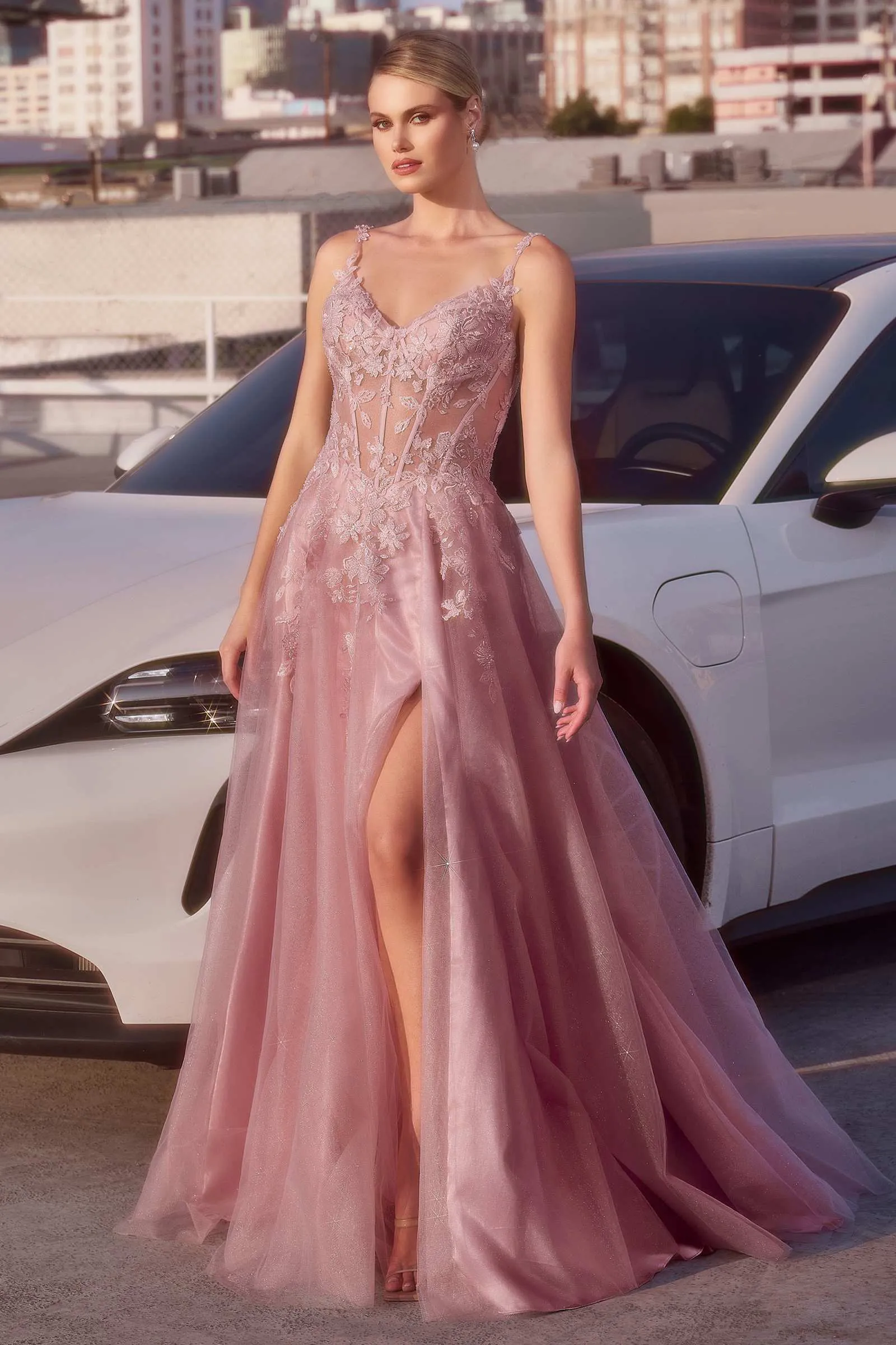 Ladivine CDS533 Dress Mauve A-Line Layered Tulle Prom Gown