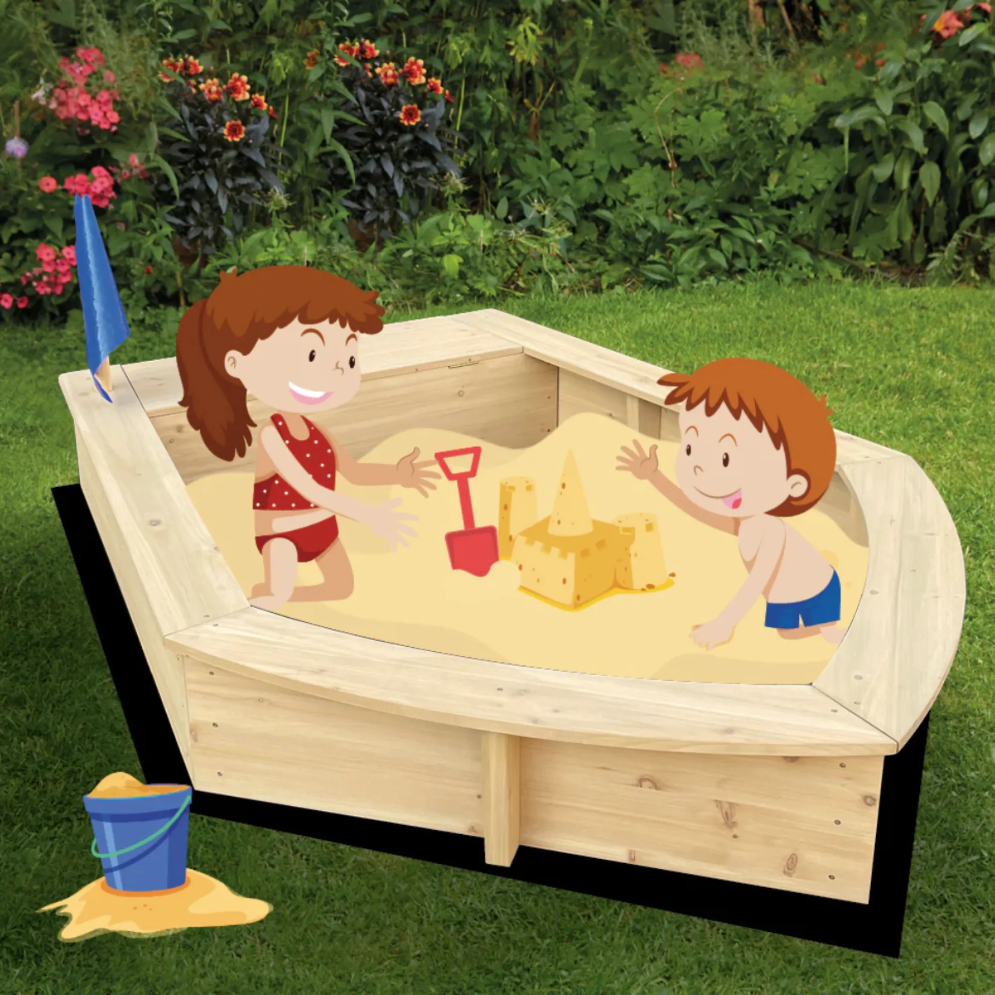 Large 1.2m Long Montessori Eco Conscious FSC Cypress Wood Ship Sandpit  & Thick Waterproof Cover | 3 years 