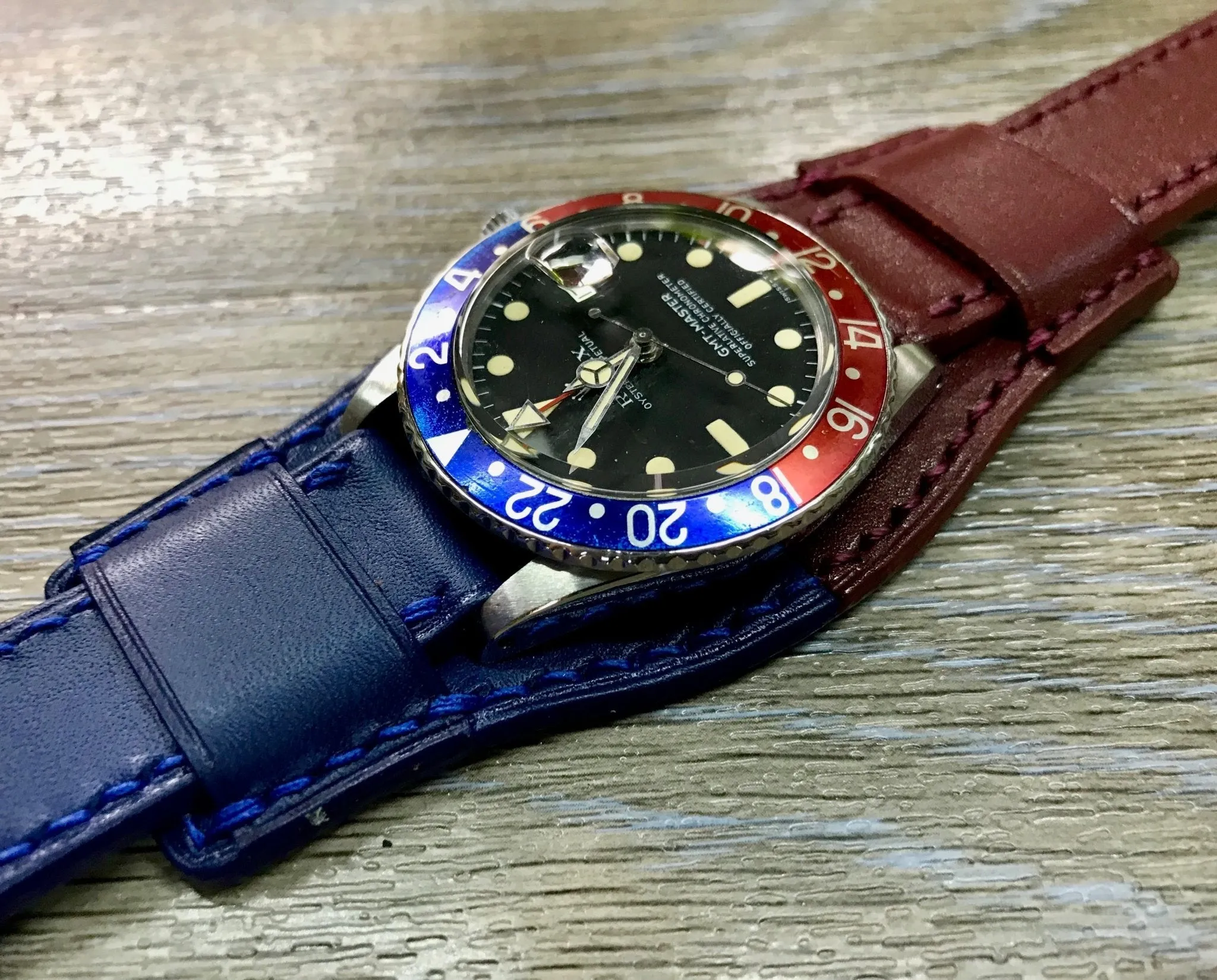 Leather Watch Straps, Leather Bund Straps, Watch Band for Rolex GMT Master 2 Pepsi, Watch Band, Leather Watch Strap 20mm, Blue Red Watch Strap