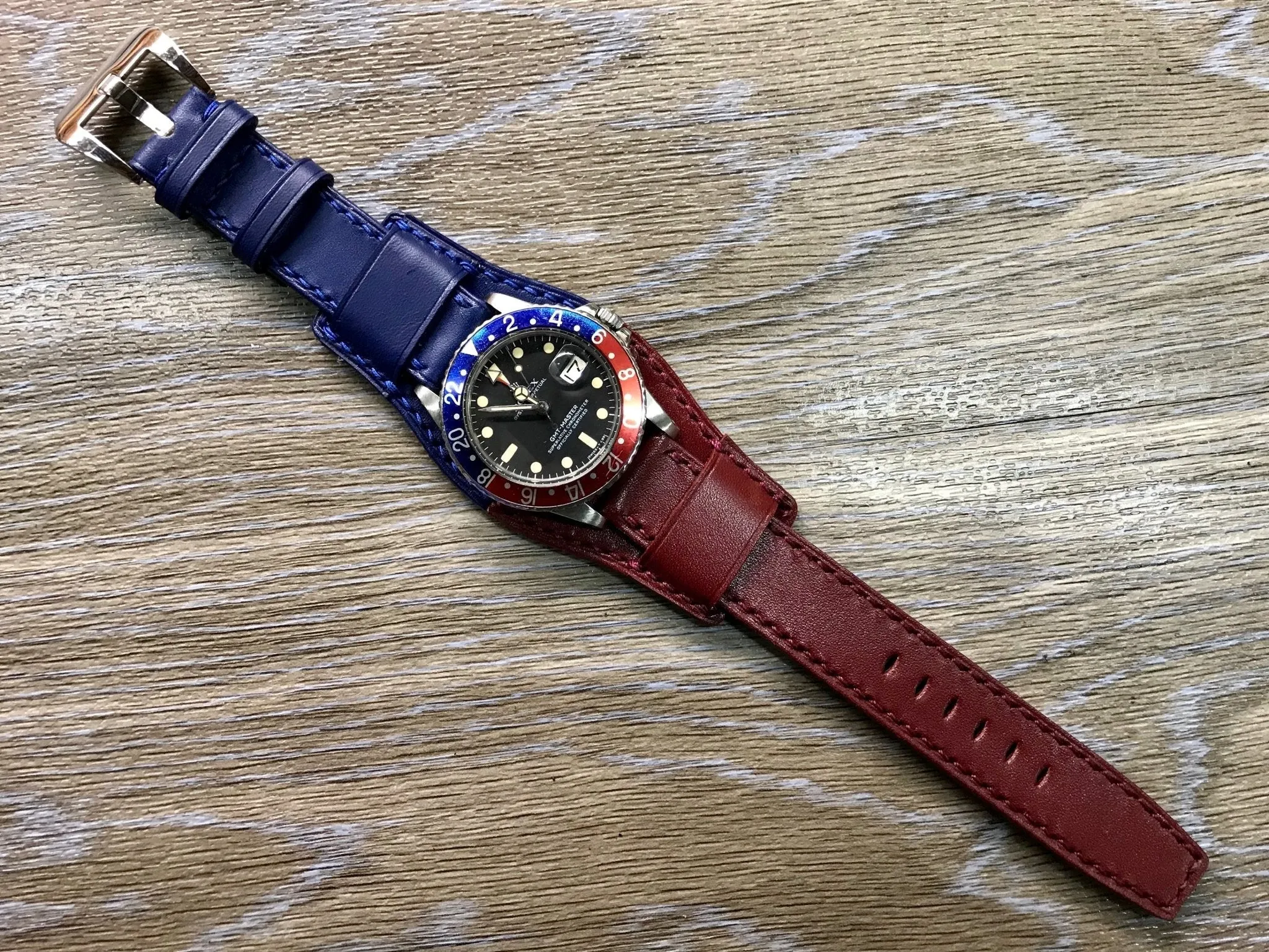 Leather Watch Straps, Leather Bund Straps, Watch Band for Rolex GMT Master 2 Pepsi, Watch Band, Leather Watch Strap 20mm, Blue Red Watch Strap