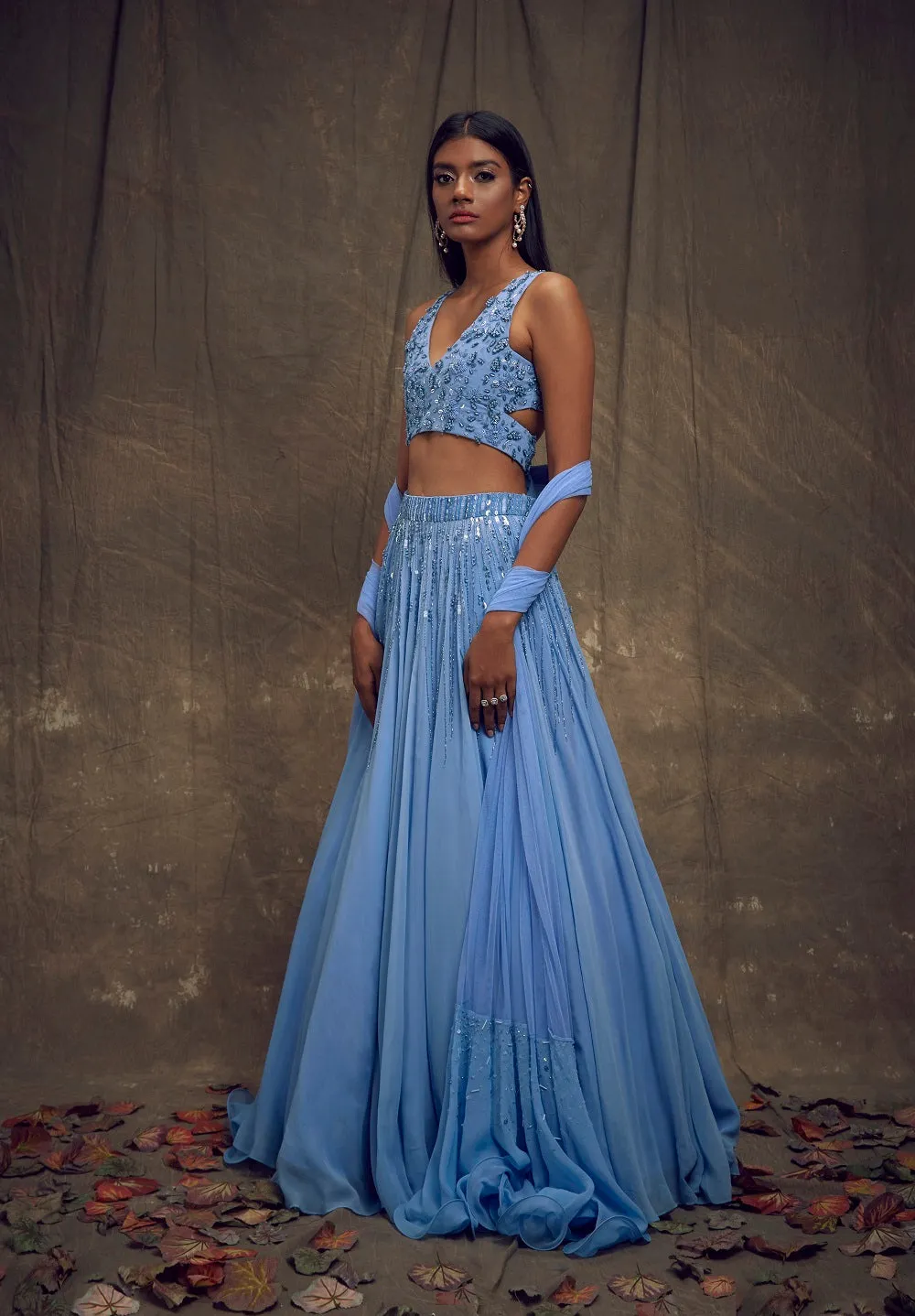 Light Blue Embellished Lehenga with Cut Out Blouse
