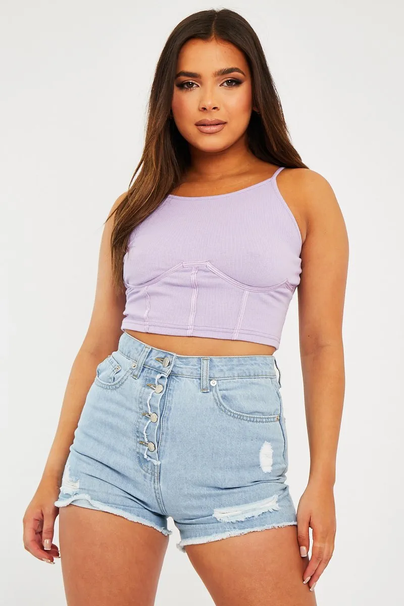 Lilac Ribbed Corset Racer Crop Top - Frida