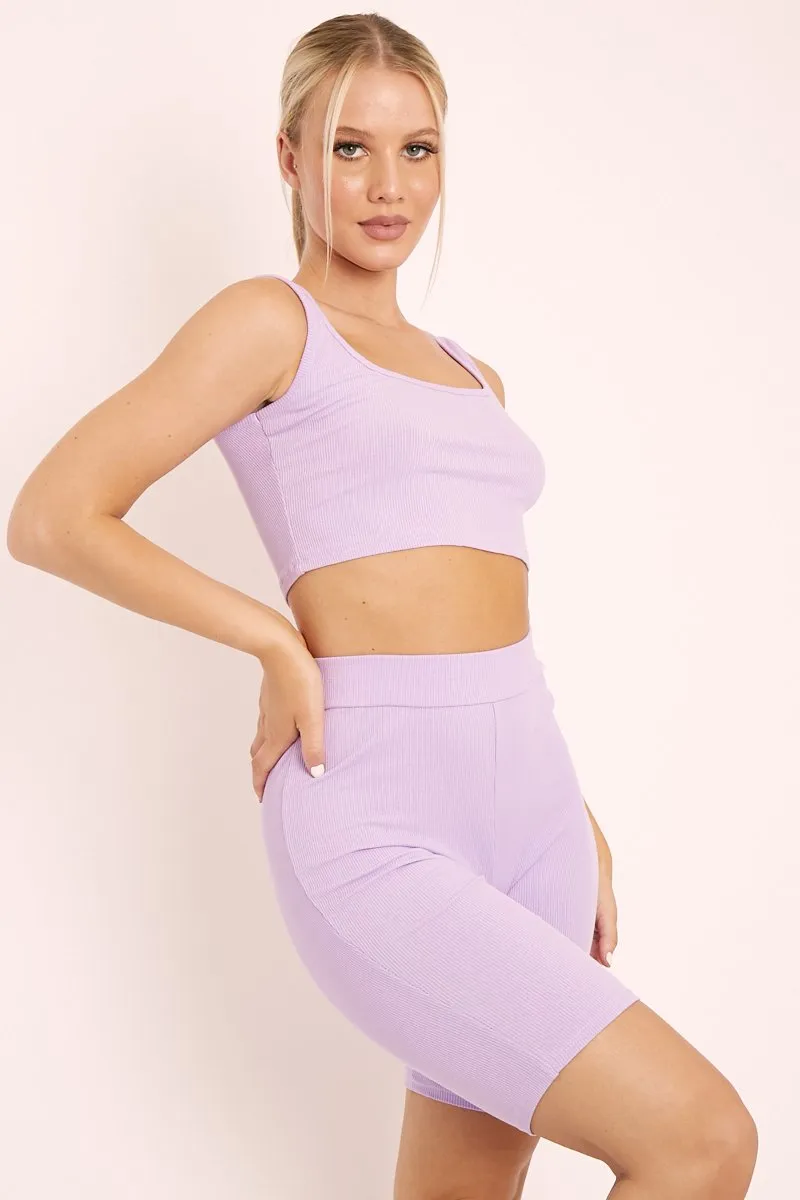 Lilac Ribbed Crop Top and Cycling Shorts Co-ord - Nina