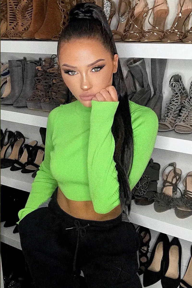 Lime High Neck Rib Knit Crop Jumper - Emogene