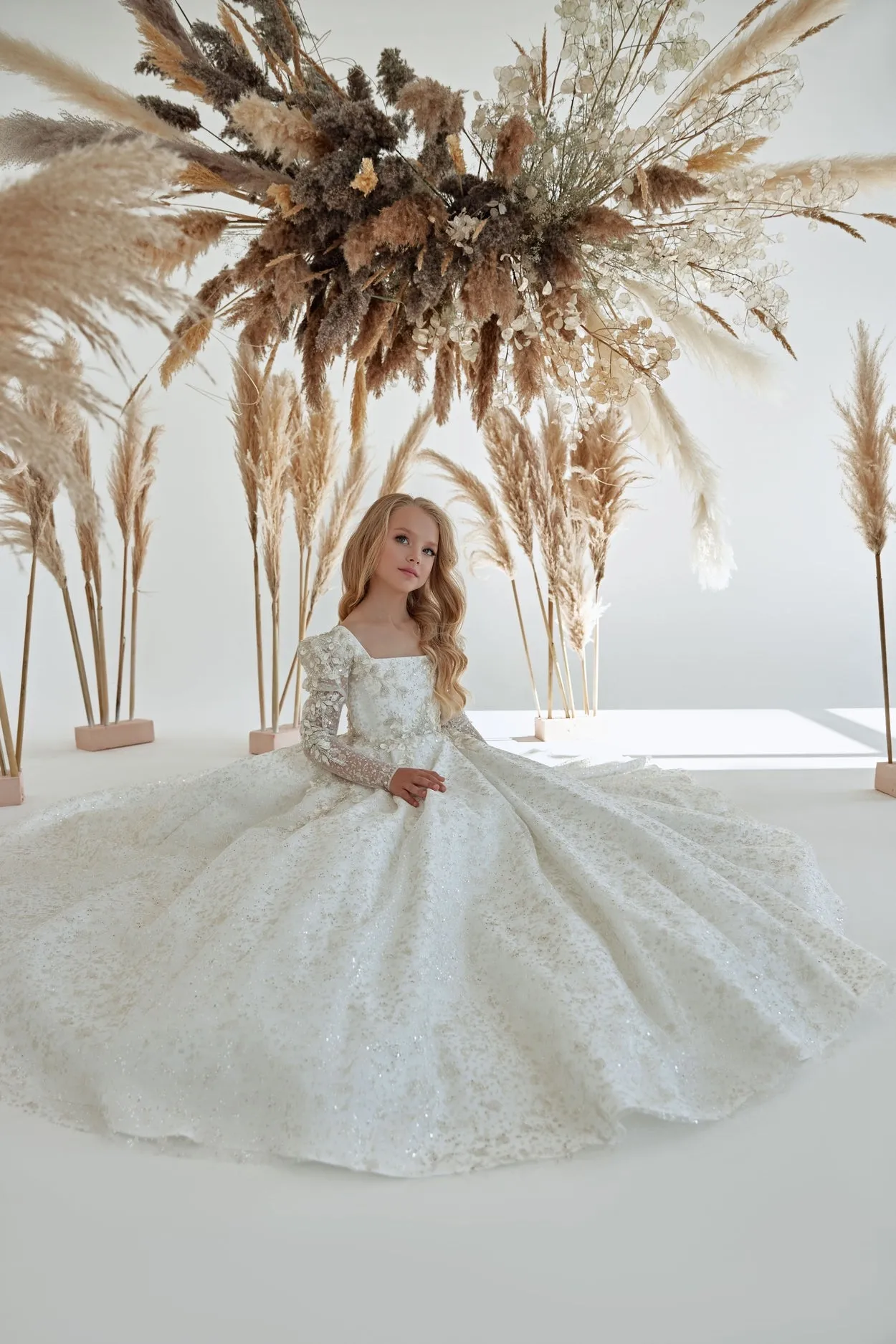 Long Flower Girl Sparkly Dress with Square Neck
