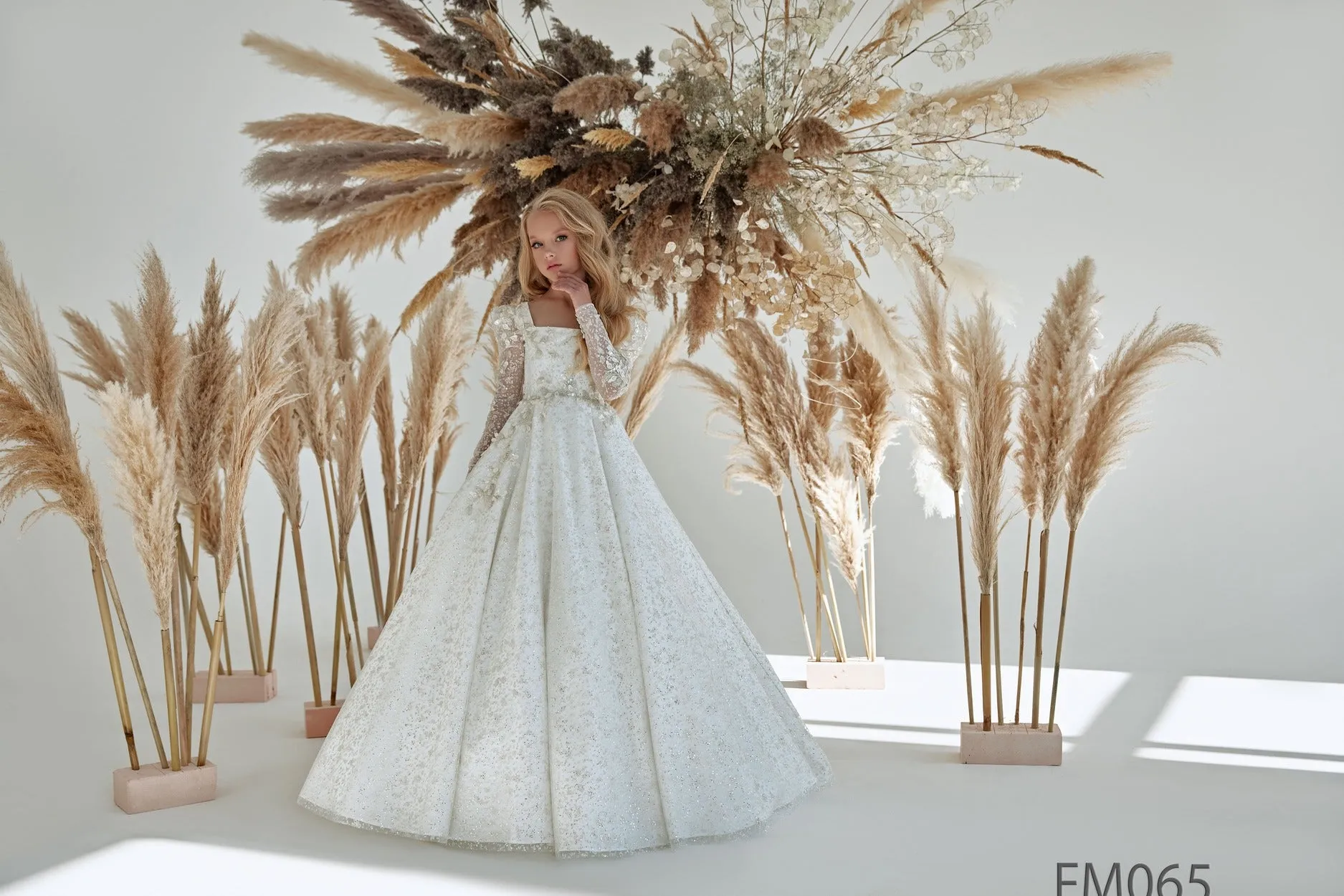 Long Flower Girl Sparkly Dress with Square Neck
