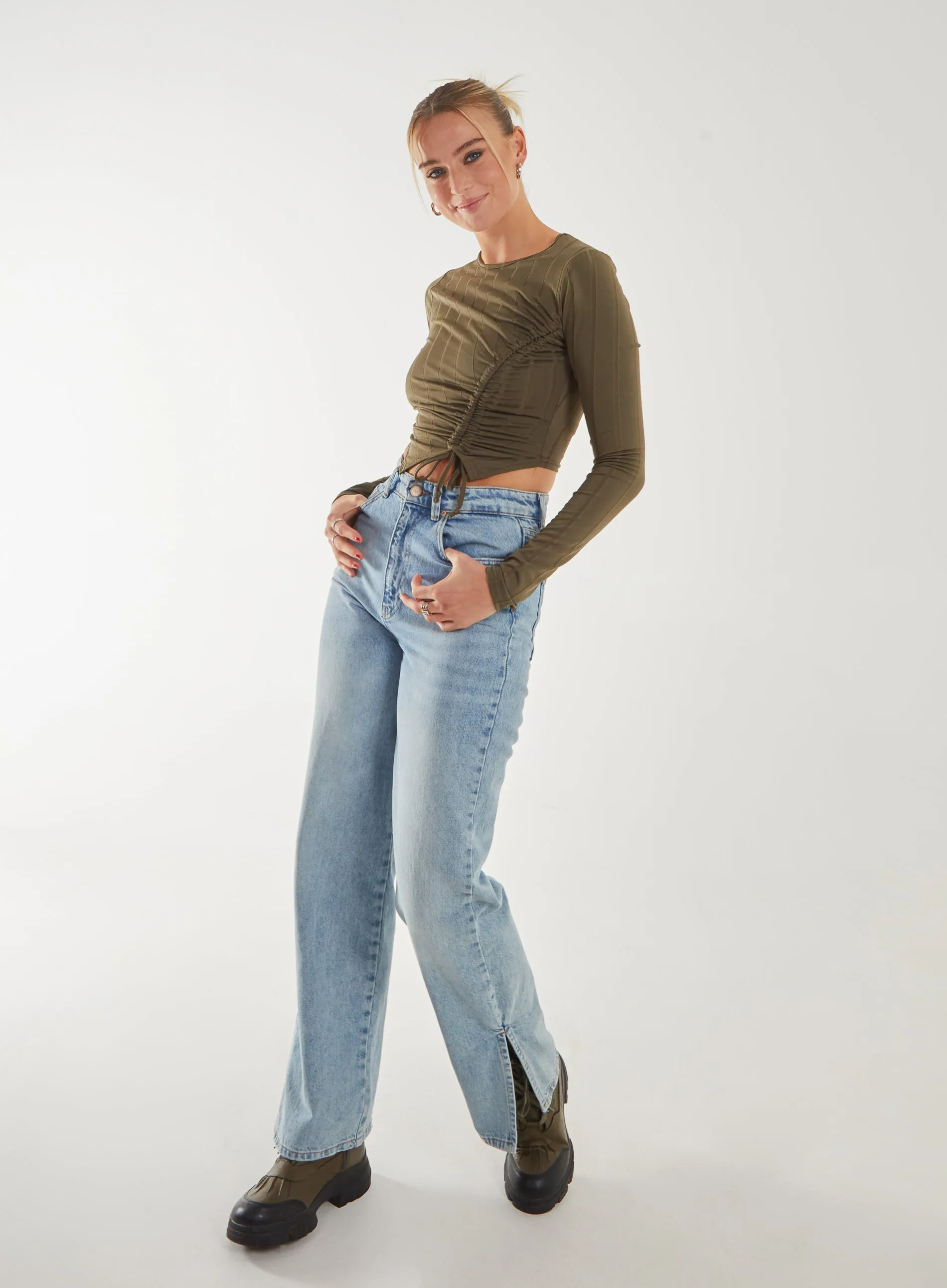 Long Sleeve Ruched Asymmetric Top
