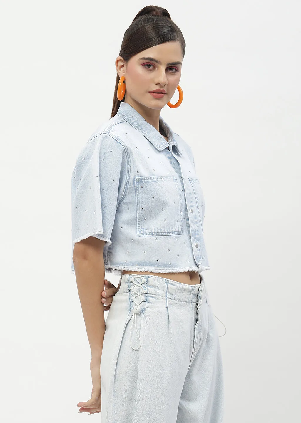 Madame Shanaya Kapoor Embellished Ice Blue Denim Crop Shirt