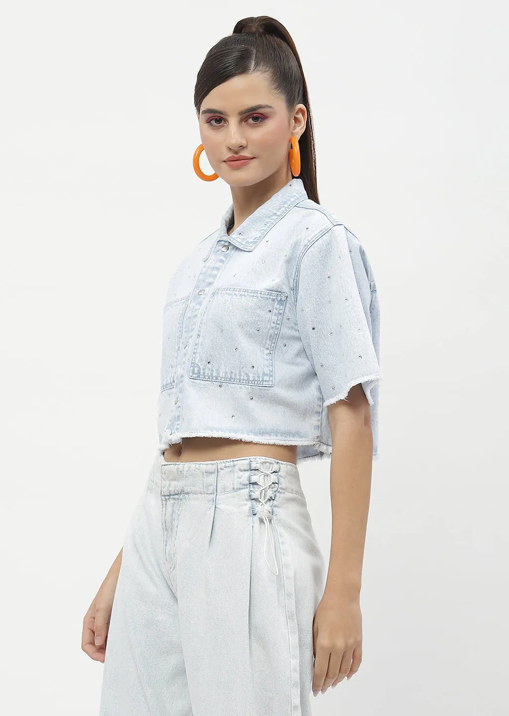 Madame Shanaya Kapoor Embellished Ice Blue Denim Crop Shirt