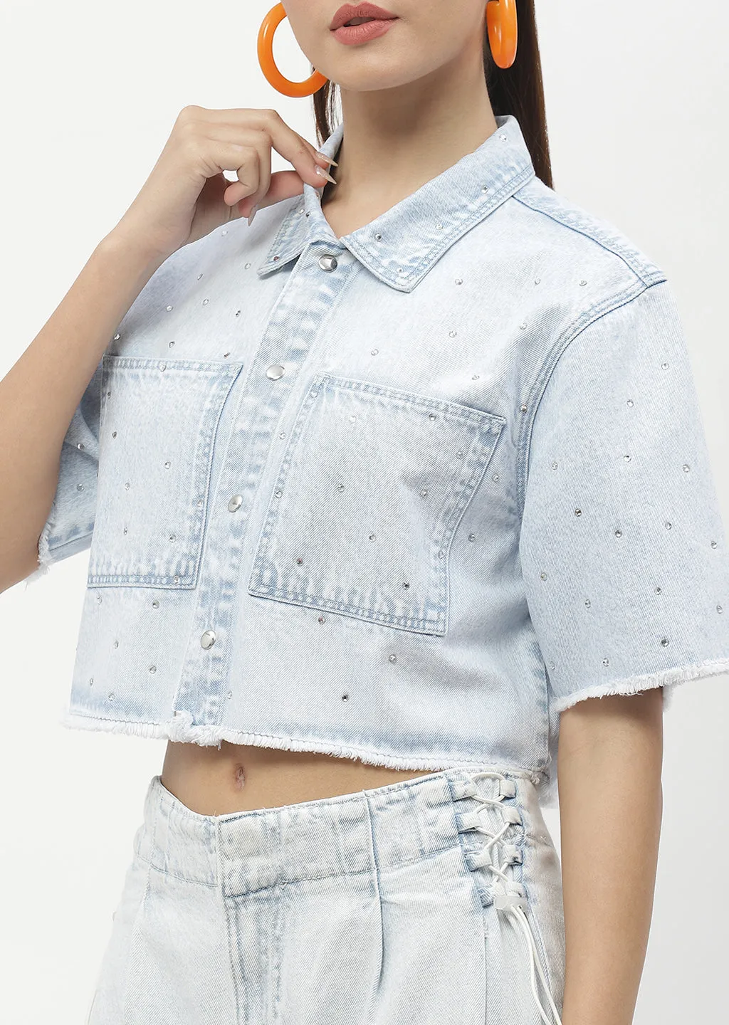 Madame Shanaya Kapoor Embellished Ice Blue Denim Crop Shirt