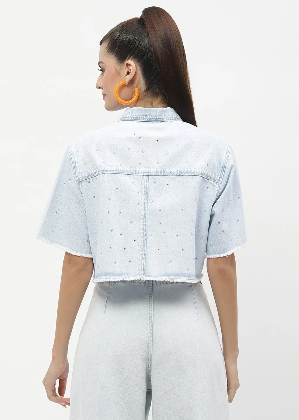 Madame Shanaya Kapoor Embellished Ice Blue Denim Crop Shirt