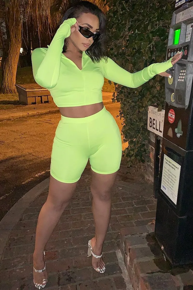 Neon Yellow Crop Top Cycling Shorts Co-Ord - Cleo
