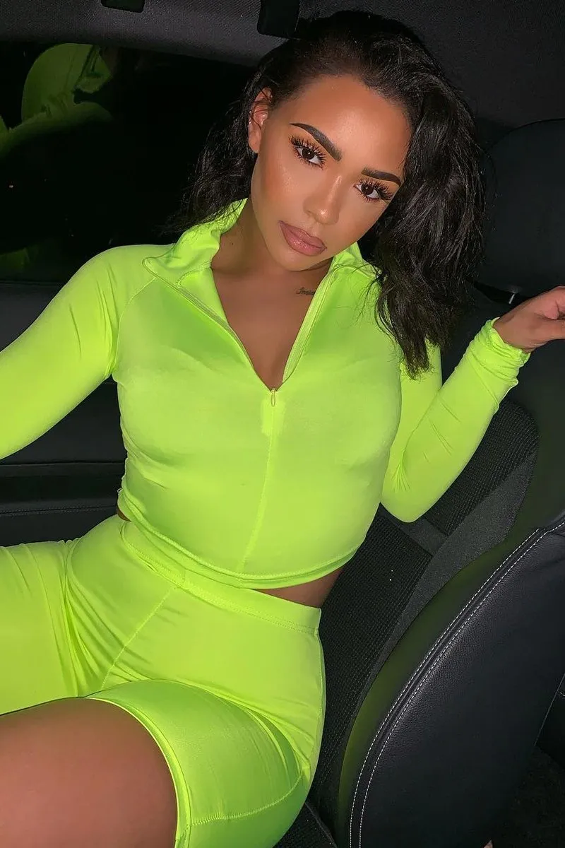 Neon Yellow Crop Top Cycling Shorts Co-Ord - Cleo