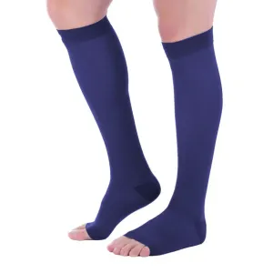 NEW Open Toe Compression Socks 20-30 mmHg Knee High Toeless Stockings, Navy Blue, One Size
