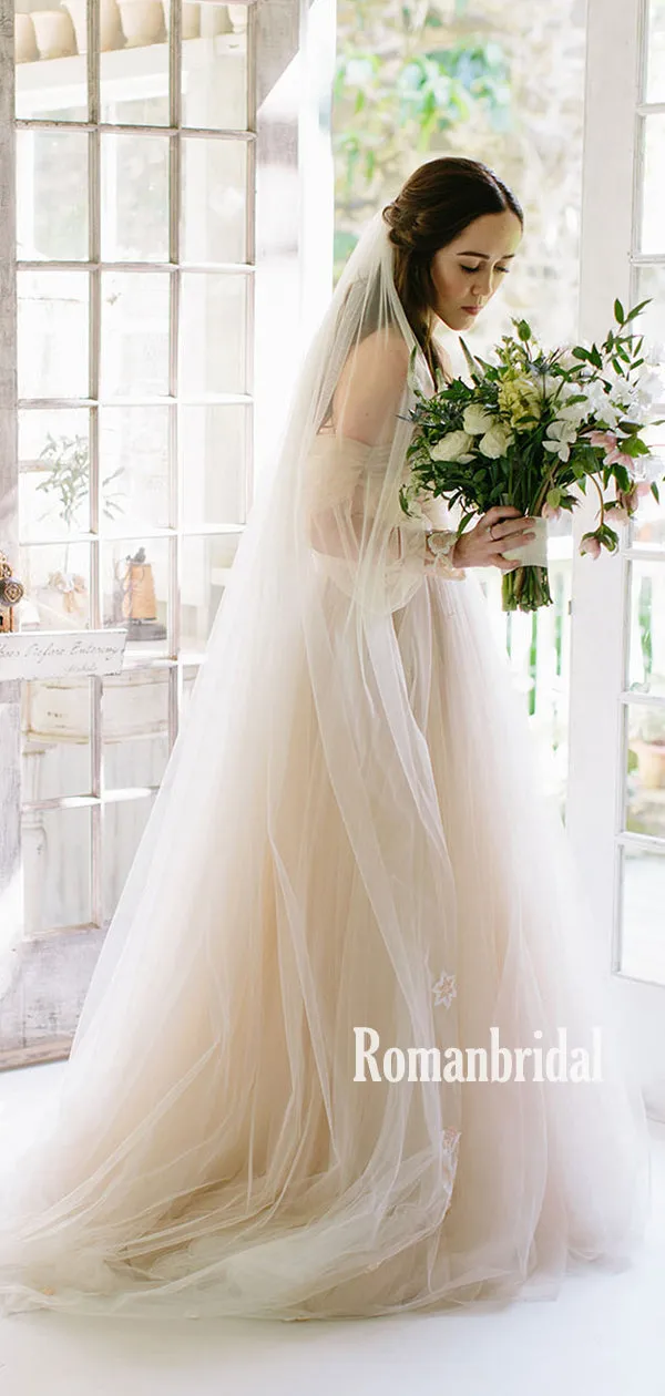 Off-shoulder A-line Tulle Cheap Long Wedding Dresses Online,RBWD0023