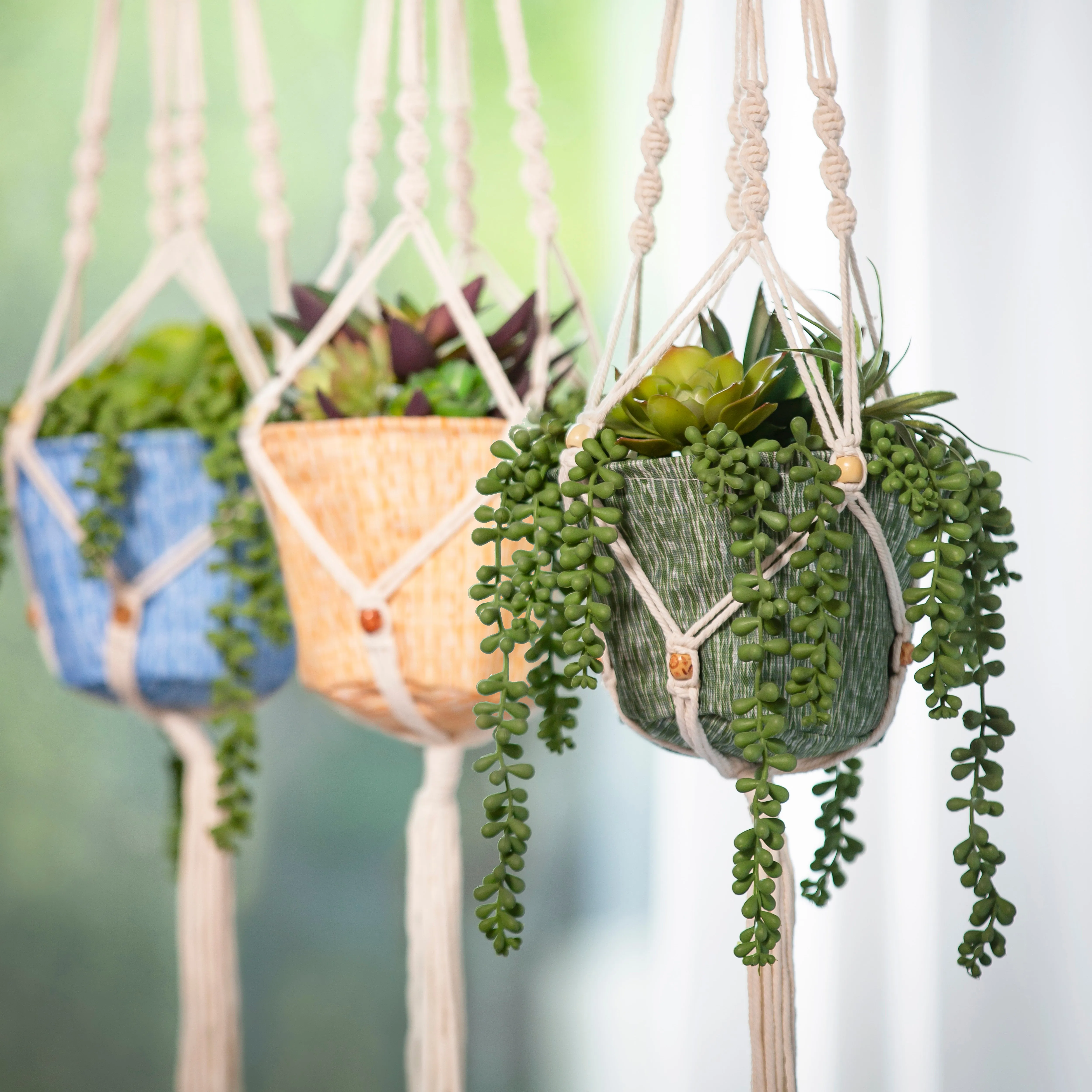 Olivia Fabric Planter with Macrame Holder, Blue,2fp042