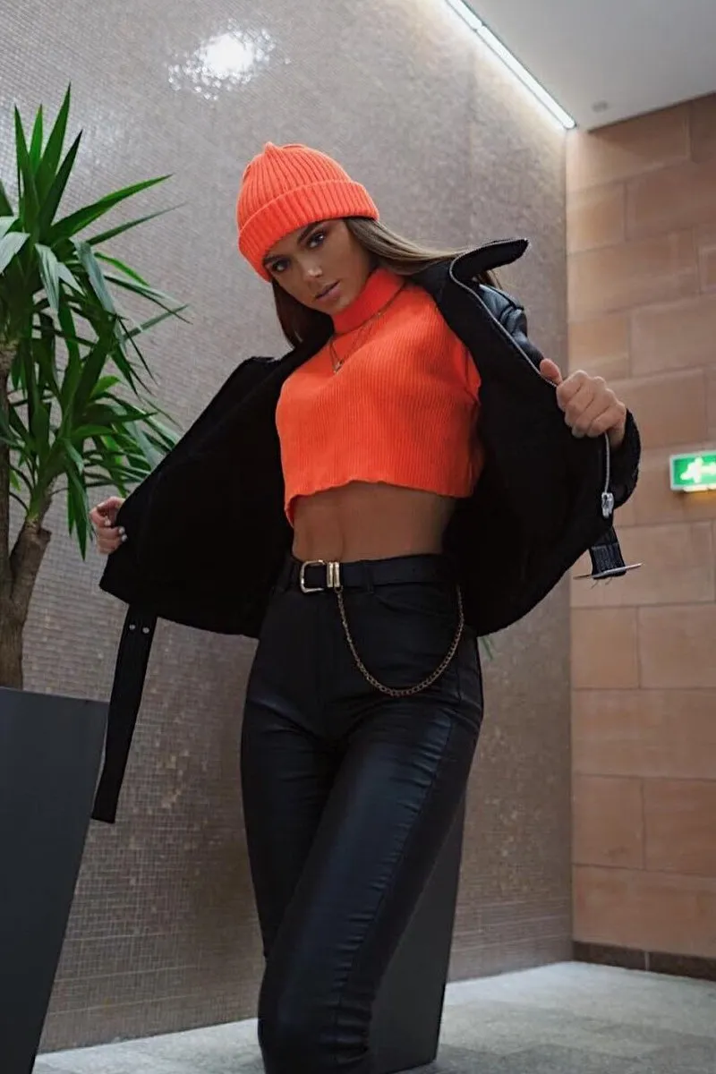 Orange High Neck Rib Knit Crop Jumper - Emogene