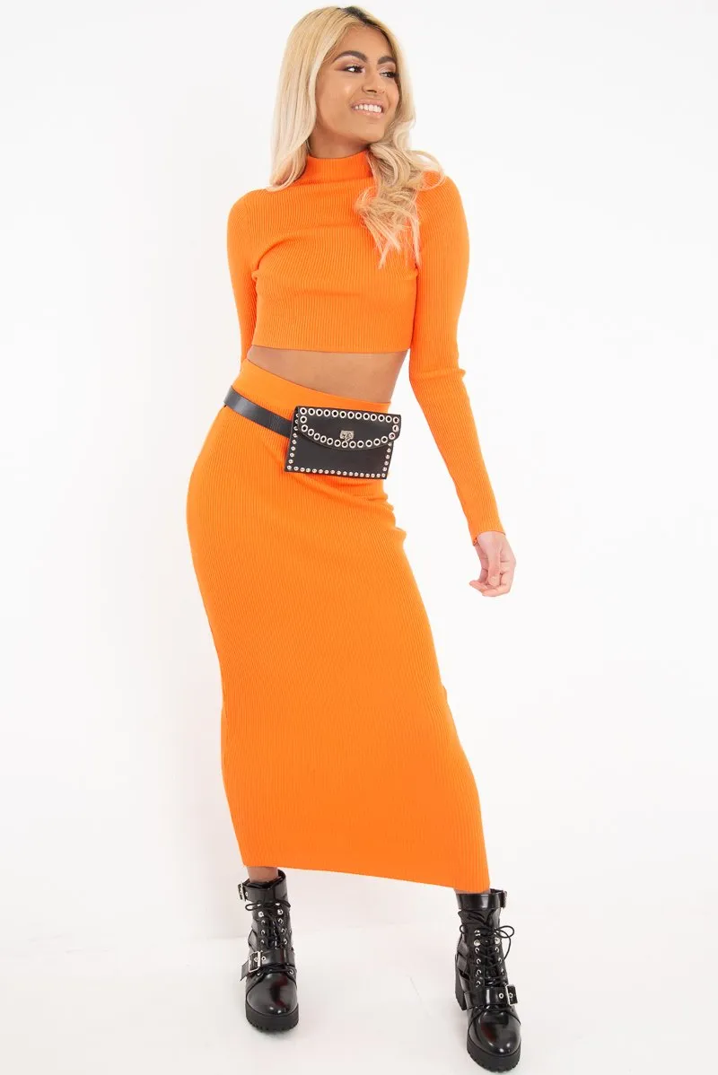 Orange Rib Knitted Midi Skirt - Kloey