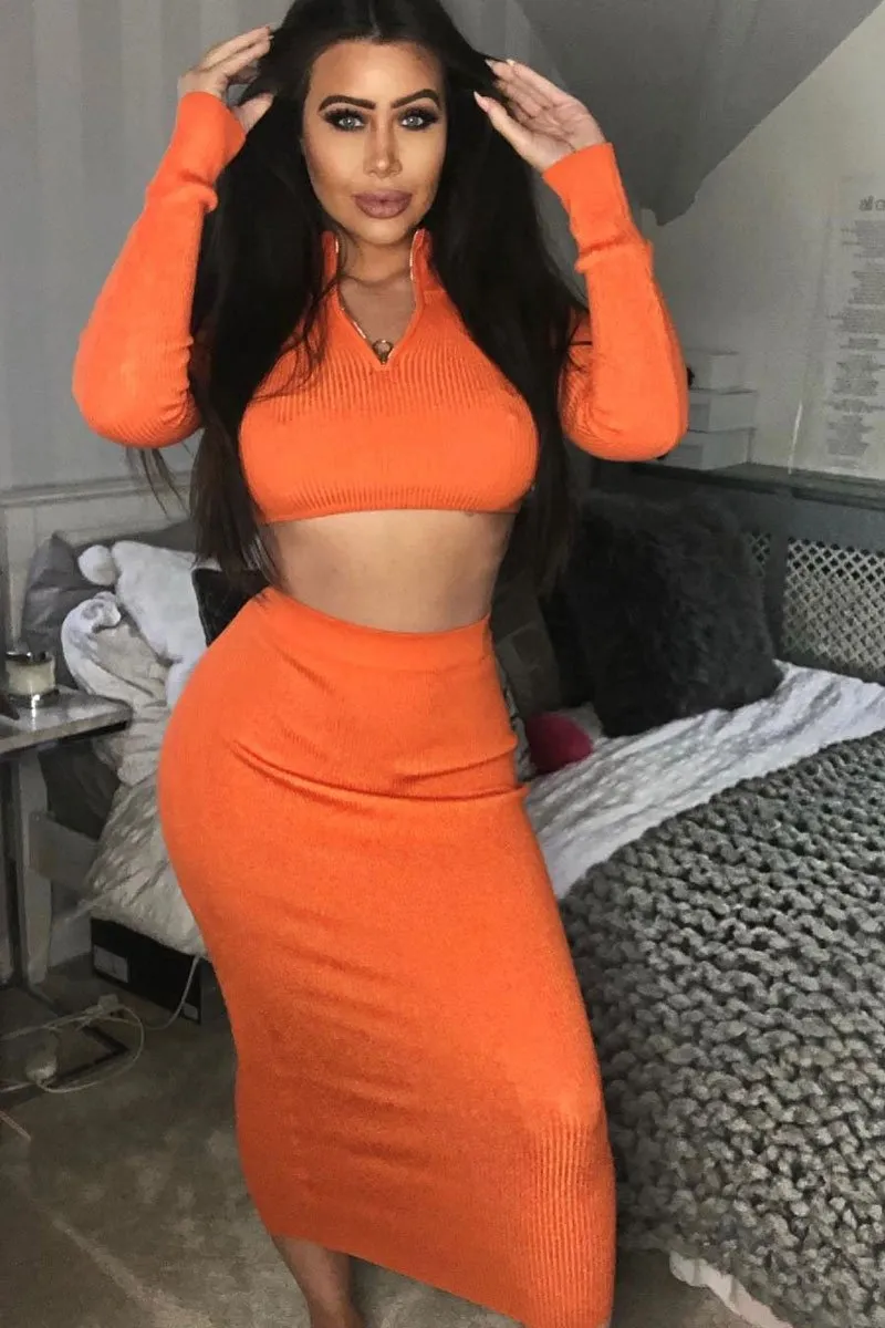 Orange Rib Knitted Midi Skirt - Kloey