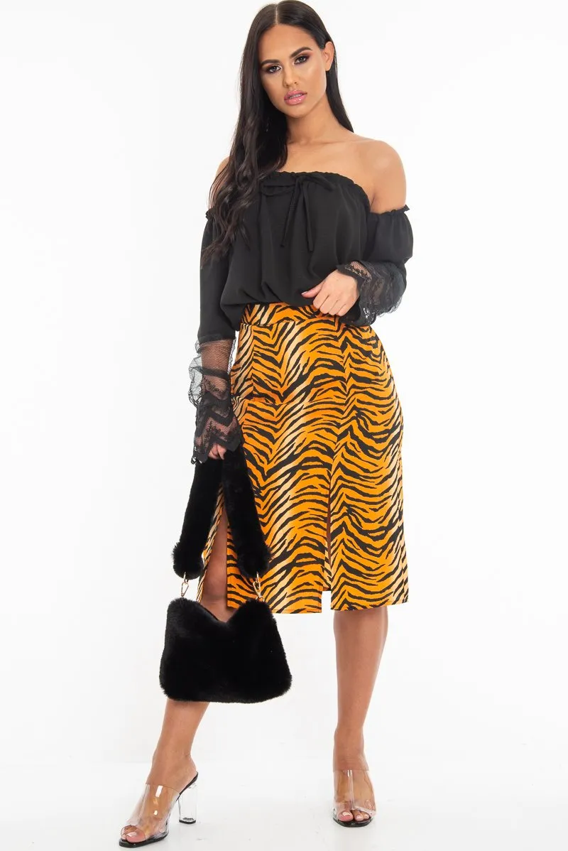 Orange Tiger Print Split Front Midi Skirt - Jayne