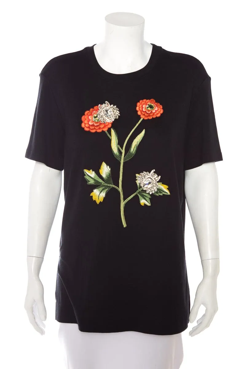 Oscar de la Renta Black Embellished and Flower Embroidered  T-Shirt SZ M