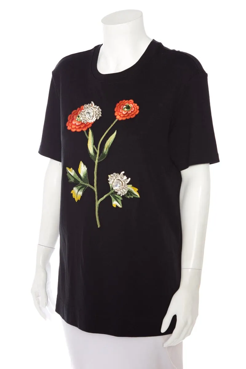 Oscar de la Renta Black Embellished and Flower Embroidered  T-Shirt SZ M