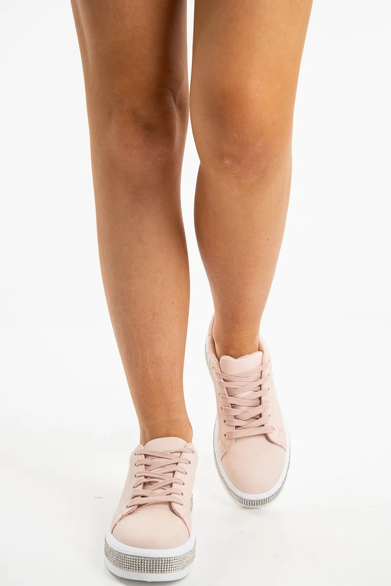 Pink Faux Leather Diamante Cleated Sole Trainers - Jevaeh