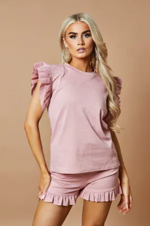 Pink Frill Detail Top & Shorts Co-Ords Set - Keiko