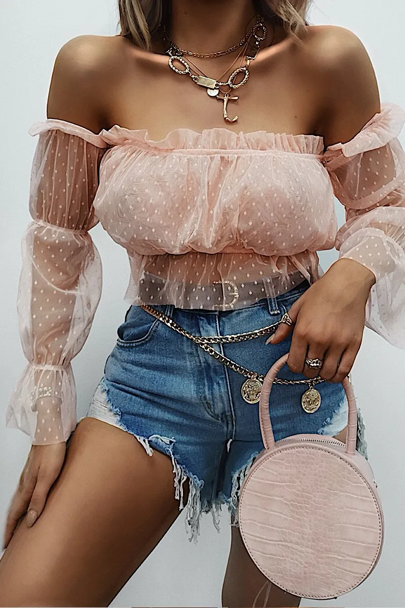 Pink Polka Mesh Ruffle Bardot Crop Top - Aagna