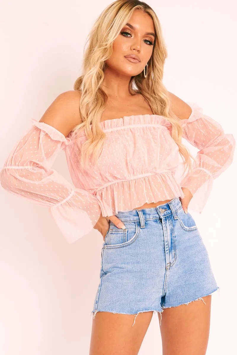Pink Polka Mesh Ruffle Bardot Crop Top - Aagna