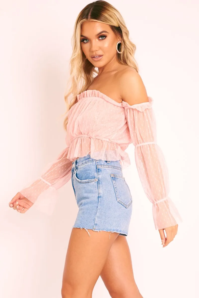 Pink Polka Mesh Ruffle Bardot Crop Top - Aagna
