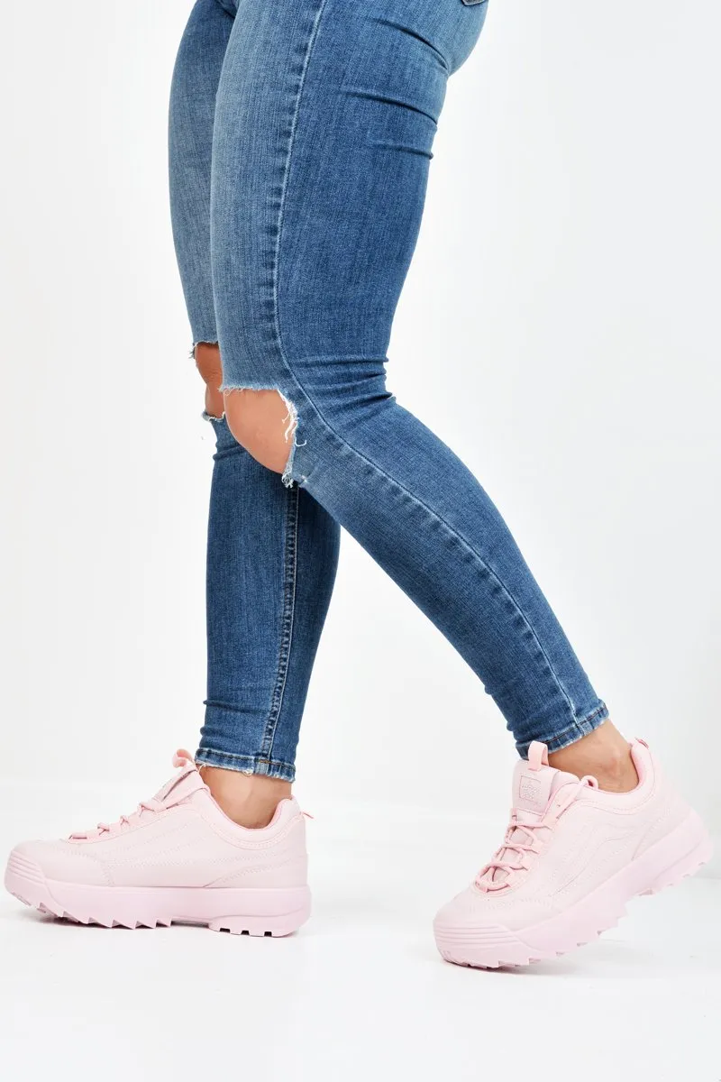 Pink PU Lace Up Sole Detail Trainers - Lennix