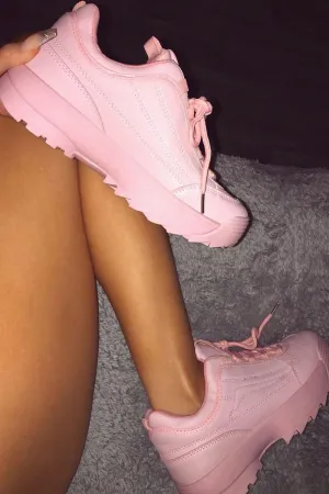 Pink PU Lace Up Sole Detail Trainers - Lennix