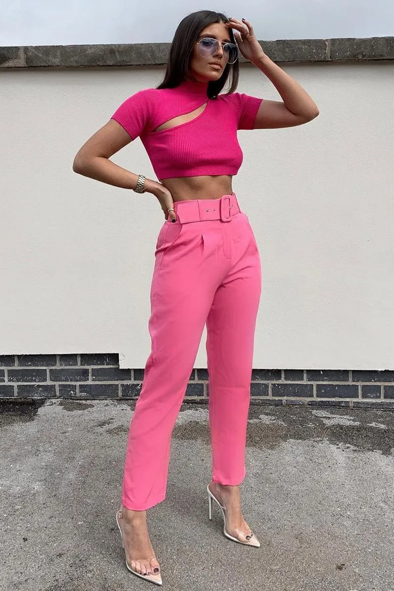 Pink Rib High Neck Crop Top - Talina