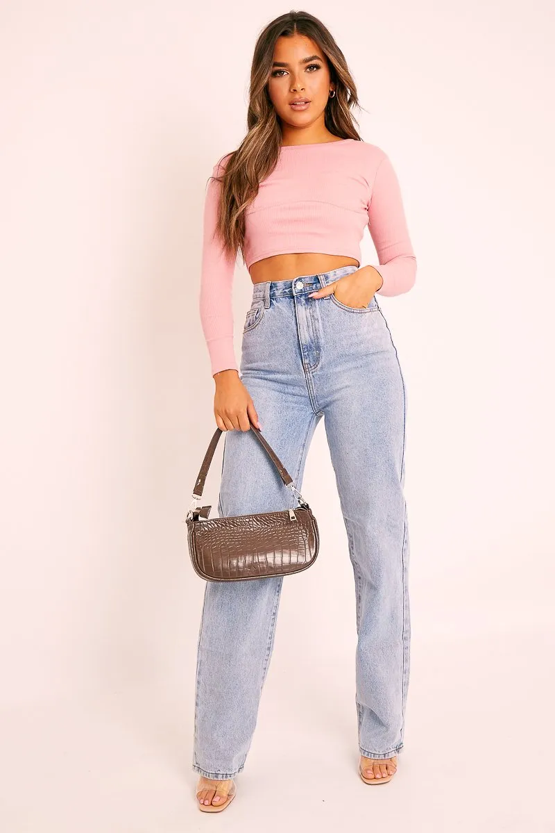 Pink Ribbed Corset Under Bust Crop Top - Kalena