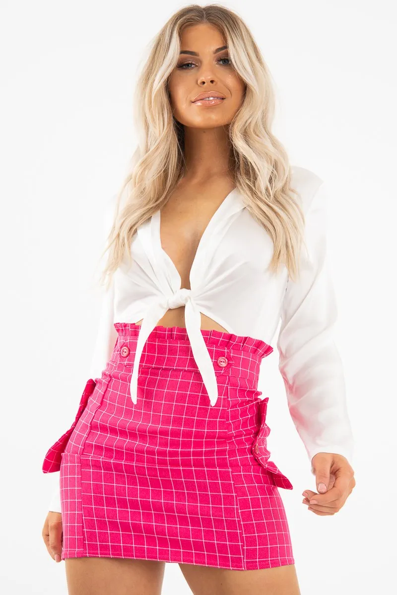 Pink White Check Ruffle Waist Zip Front Skirt - Izzie