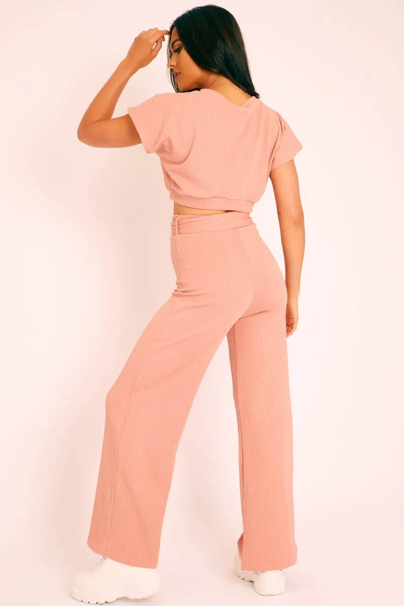 Pink Wide Leg Ribbed Crop Top Loungewear Co-ord - Cesilia