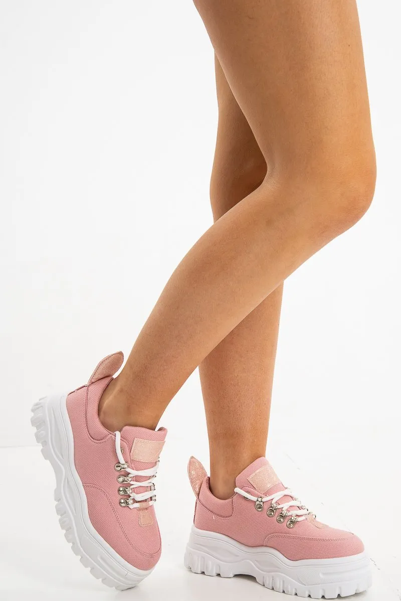 Pink Woven Hiker Detail Chunky Sole Trainers - Hayslee