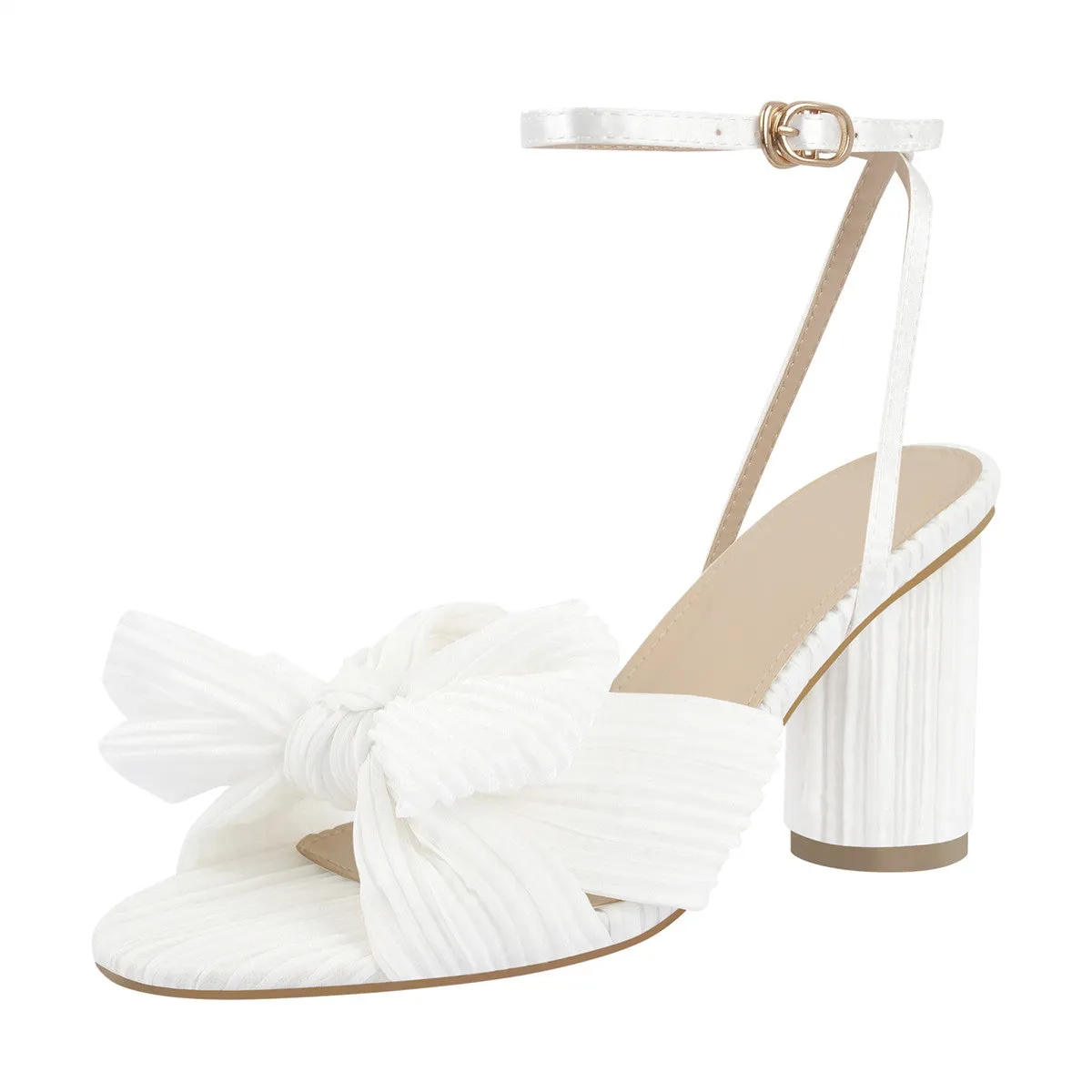 Pleated Bow Cylindrical Chunky Heel Sandals