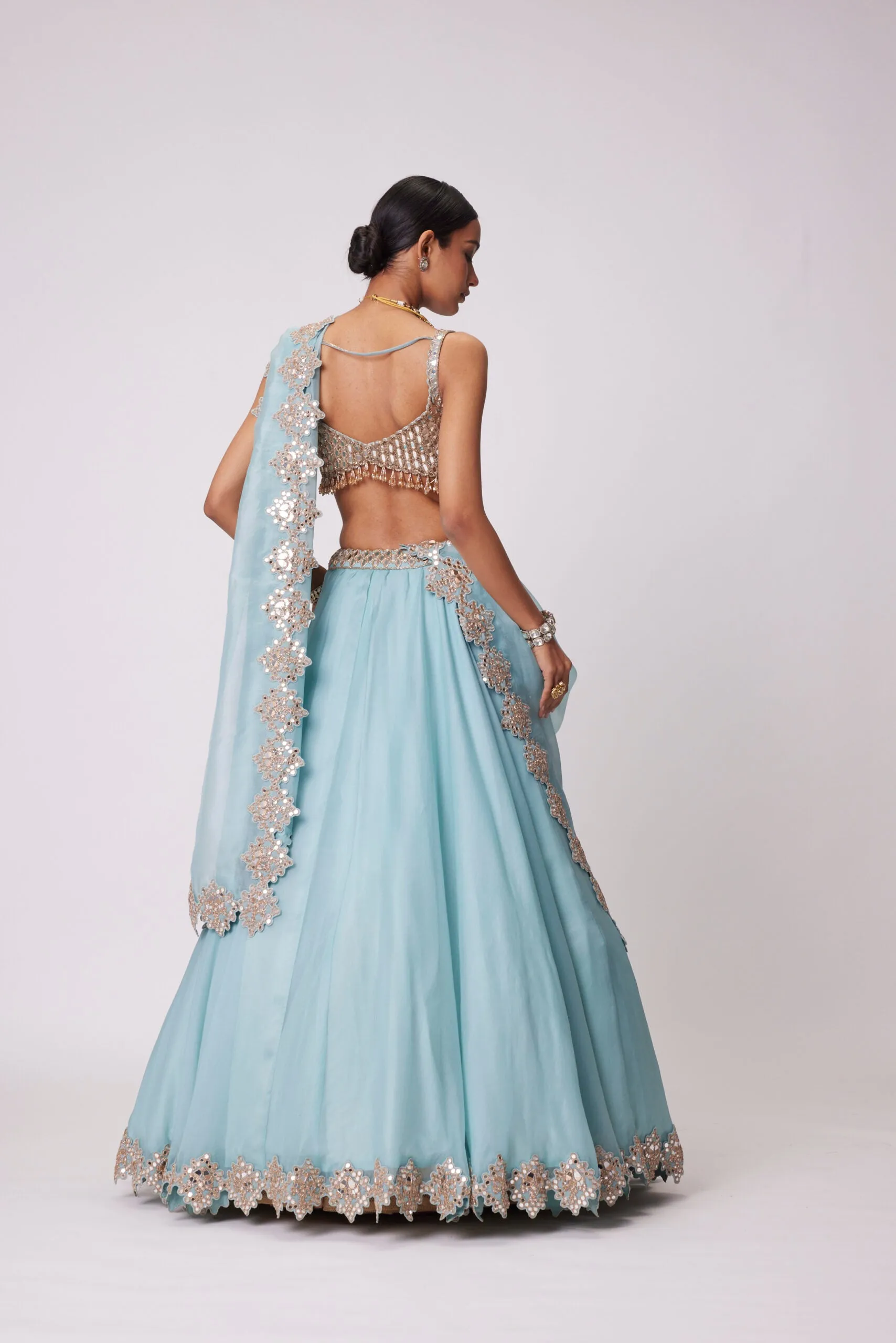 Powder Blue Organza hand Embroidered Lehenga Set