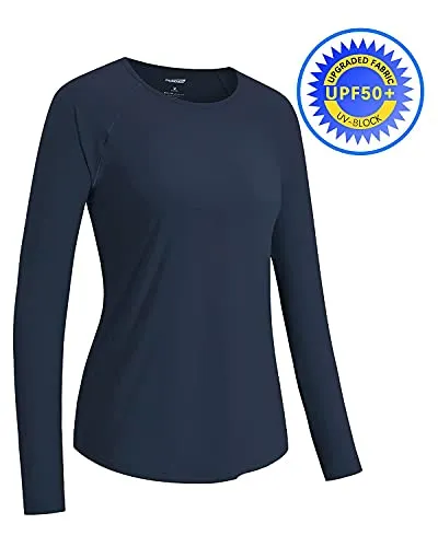Promover Women's UPF 50  Workout Shirts Sun Protection Quick Dry Long Sleeve Scoop Neck Yoga Activewear Plain Tee Tops, A-upgraded Navy, XX-Large