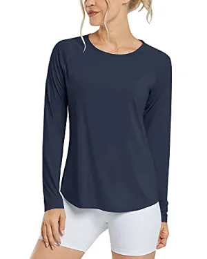 Promover Women's UPF 50  Workout Shirts Sun Protection Quick Dry Long Sleeve Scoop Neck Yoga Activewear Plain Tee Tops, A-upgraded Navy, XX-Large