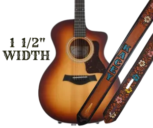 "Butterflies and Flowers" 1 1/2" Painted Leather Guitar Strap