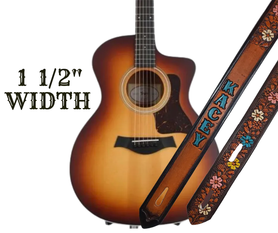 "Butterflies and Flowers" 1 1/2" Painted Leather Guitar Strap