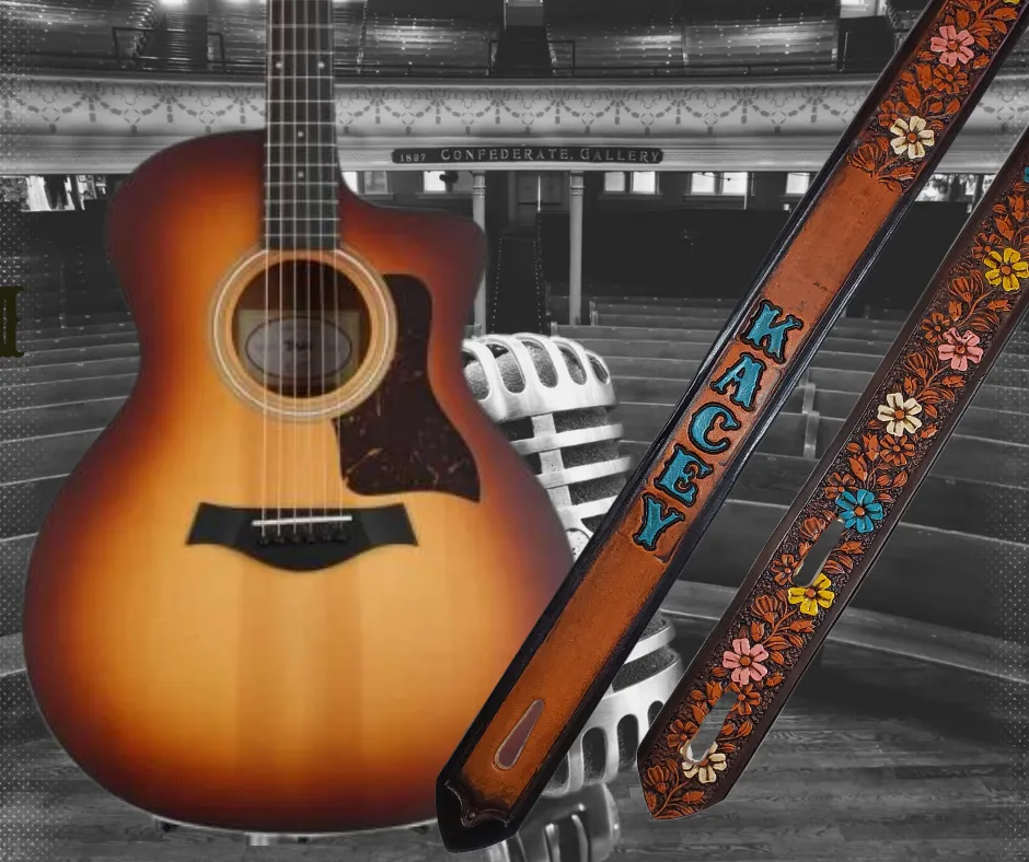 "Butterflies and Flowers" 1 1/2" Painted Leather Guitar Strap