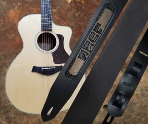 "Country on" BLACK Leather Guitar Strap / Custom Name Patch