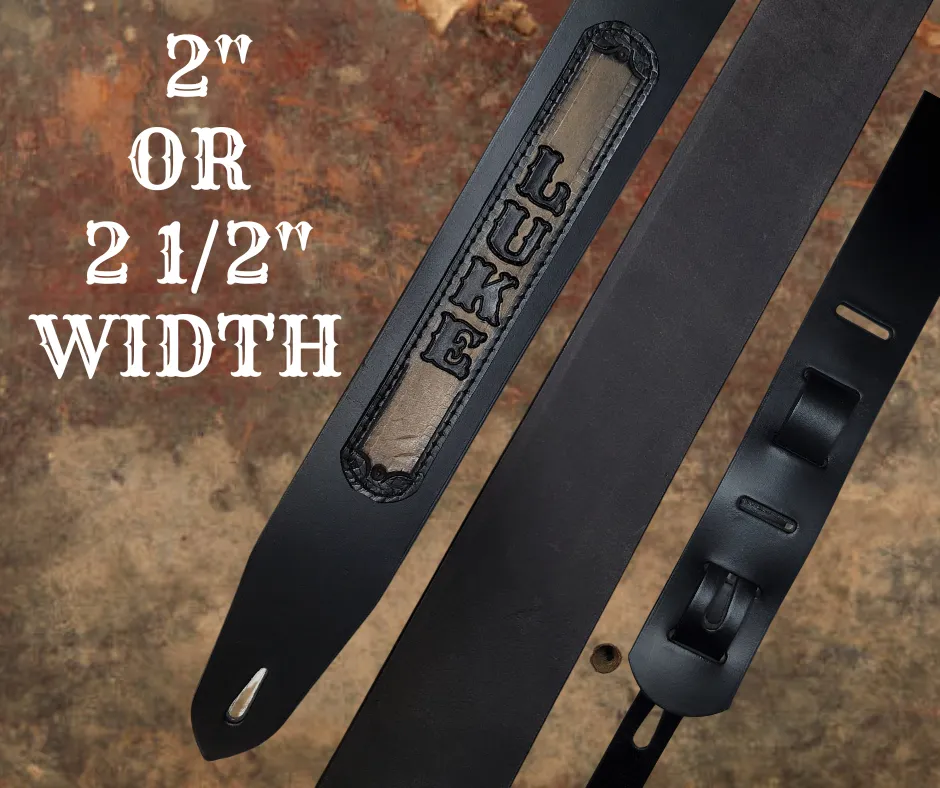 "Country on" BLACK Leather Guitar Strap / Custom Name Patch