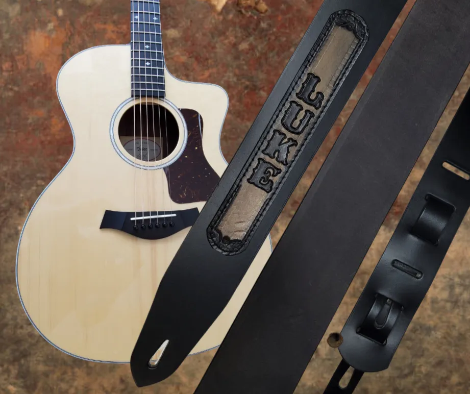 "Country on" BLACK Leather Guitar Strap / Custom Name Patch