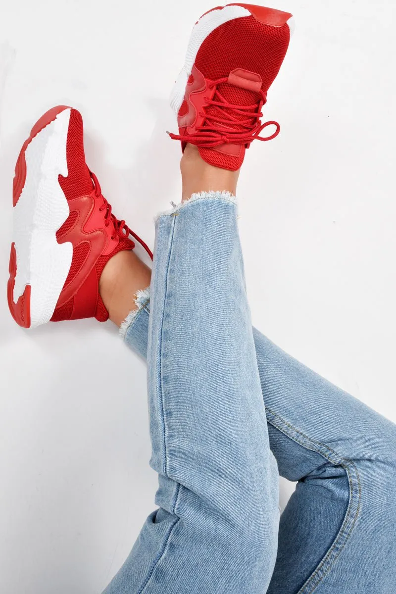 Red Lace Up Glitter Mesh Trainers - Tasmina