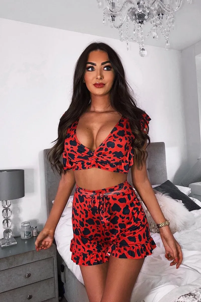 Red Leopard Print Ruffle Crop Top And Shorts Co-Ord - Liylah